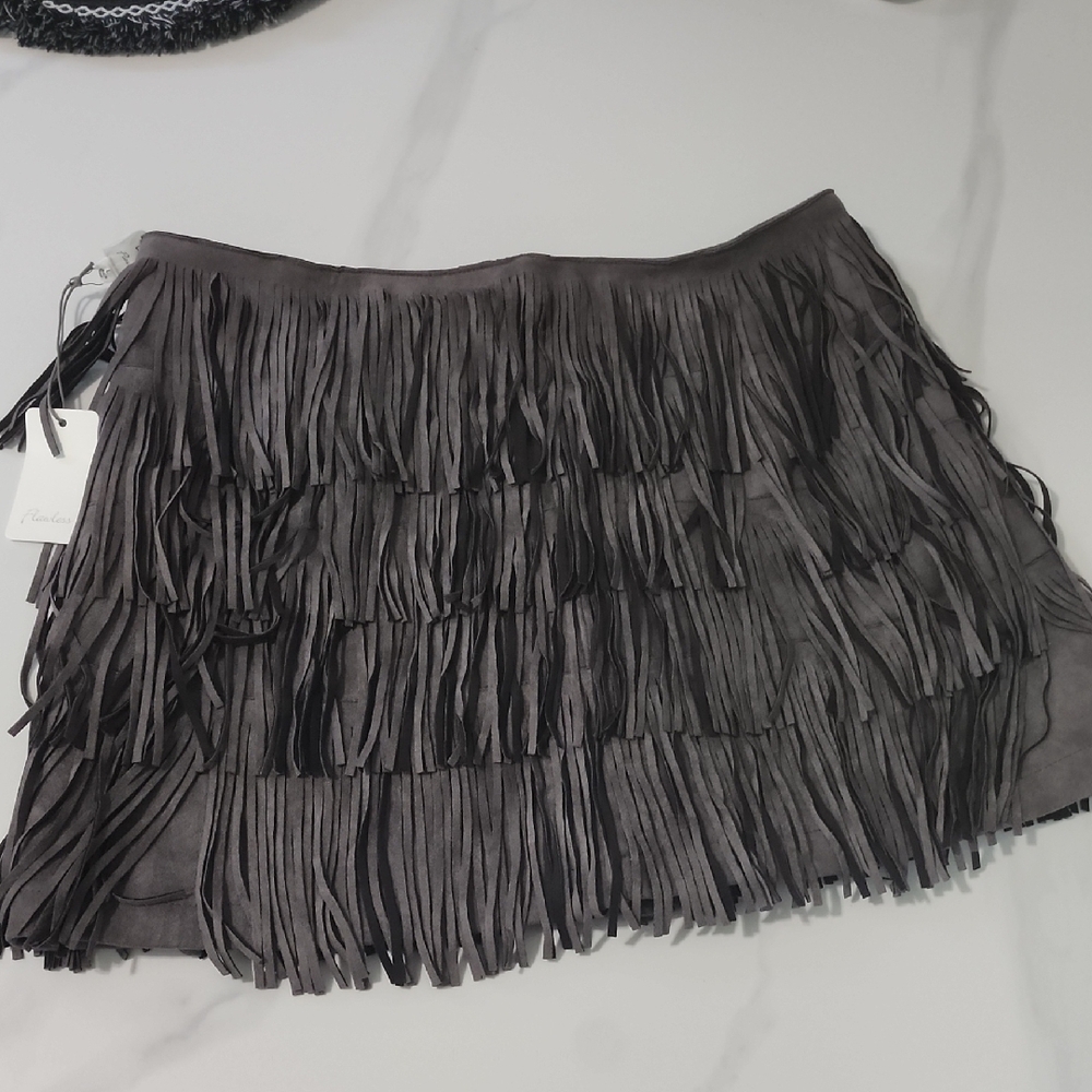 Fringed Suede Mini Skirt - Charcoal Gray